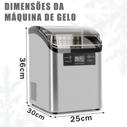 Ice Maker Portátil Inox 20kg/dia, Autolimpeza c/Pá e Cesto Casa Bar 127V