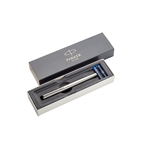 Parker Jotter Fountain Pen, Black and Chrome, Medium Nib, Blue Ink