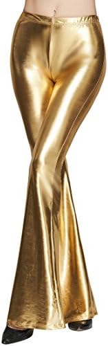 Destinas Women's High Waist Shiny Long Pants Flare Bell Bottom Trousers Golden