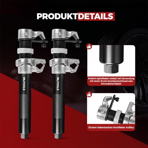 BILITOOLS 2-Piece Professional Spring Compressor Car Set - Heavy Duty Car Tool (1200 kg) for Macpherson & McPherson Suspension Strut - Universal Coil Spring Tensioner Including Safety Bar