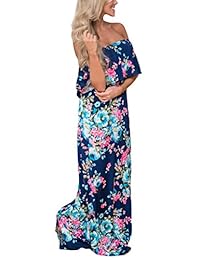 Midosoo - Vestido largo para mujer con hombros descubiertos y bolsillos laterales, con estampado floral
