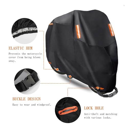 EASYBUYTECH Motorcycle Cover,Motorbike Cover All Season Universal Weather Waterproof Outdoor UV Protection with 4 Reflective Strips & Storage Bag,2XL Motorcycles Vehicle Cover, BLACK