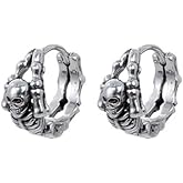 Niaspi Vintage Skull Skeleton Hoop Earrings for Women Men 10mm Small Stainless Steel Huggie Hoops Earrings Gothic Punk Cartilage Hinged Hoop Earring Hypoallergenic Halloween Jewelry