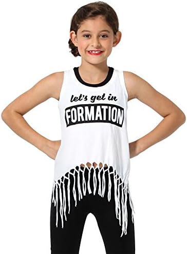Youth Let's Get in Formation Dance Tank Top with Raw Edges And Fringe Hem White Small