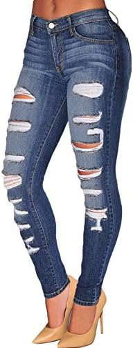 Lucklovell Women Sexy Denim Destroyed Whisker Wash Skinny Jeans ((US 4-6)S, Blue)