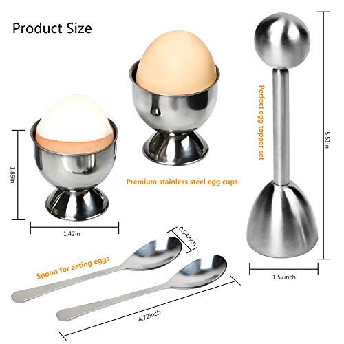 Egg Cups Cracker Topper, Soft Hard Boiled Eggs Separator Tool Stainless Steel set Include 2 Egg Cups, 2 Spoons, 1 Topper Cutter -Easily Crack and Score Raw and Cooked Egg Shells Perfect Mother's Gift