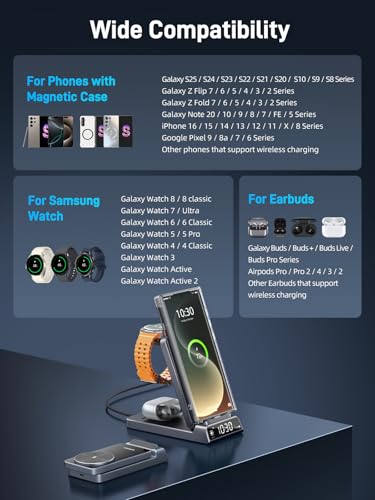 Wireless Charger for Samsung, Magnetic Charging Station mag Safe 3 in 1 for Samsung Galaxy Z Fold/Flip 7/S26 Ultra/S25, Foldable Charger for Galaxy Watch Ultra/8, Galaxy Buds 4 Pro (Black)
