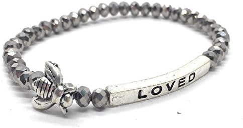 Bumble Bee Loved Inspirational Quote Bracelet Bead Stacking Stretch Made in USA (Silver)