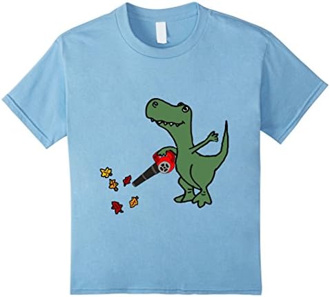 Kids Smilealottees Funny T-rex Dinosaur using Leaf Blower T-shirt 10 Baby Blue