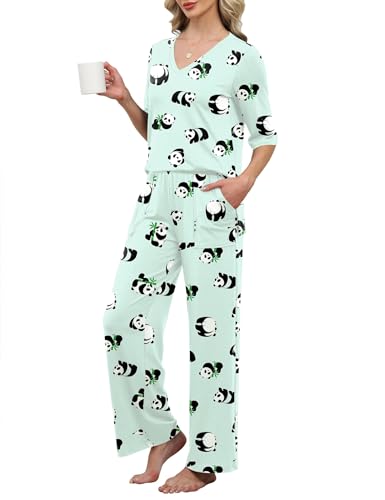 LOMON Two Piece Pajama Set for Women 3/4 Sleeve Tops and Long Printed Pants Warm Casual Lounge Sleepwear (Panda L) at Amazon