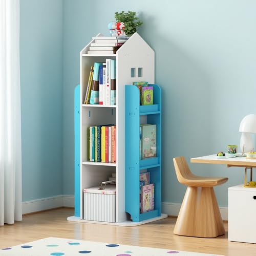 Kids Rotating Bookcase 360° Spin, 3-Tier Interactive Bookshelf for Children's Room, Playroom Corner, Floor Standing Organizer for Toys & Books, Living Room, Study (Blue)