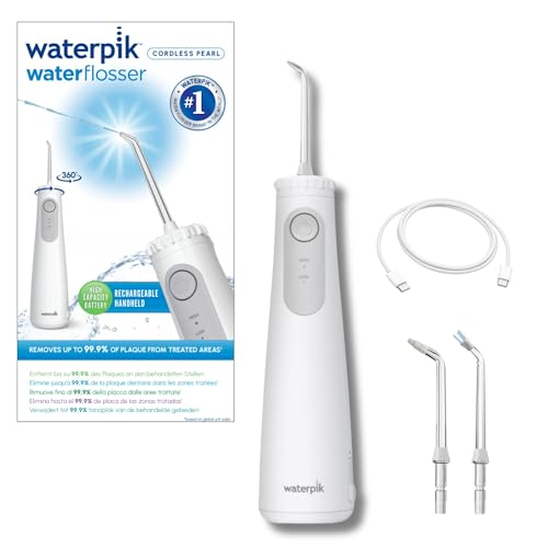 Waterpik WF-27 Pearl, UFSBD Recommended Cordless Irrigator, Rechargeable Dental Jet, Removes Plaque, 2 Pressure Levels, 60 Seconds Cleaning, 3 Tips Included, Waterproof, White