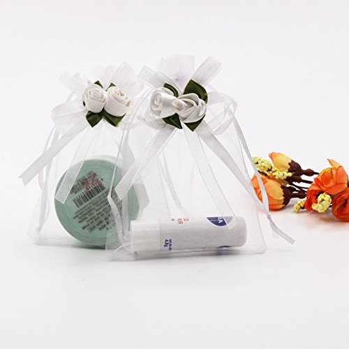 SumDirect 3.9x4.7 Inches Sheer Organza Wedding Favor Gift Bags White Rose Drawstring Pouches, Pack of 50 - Thumbnail 5