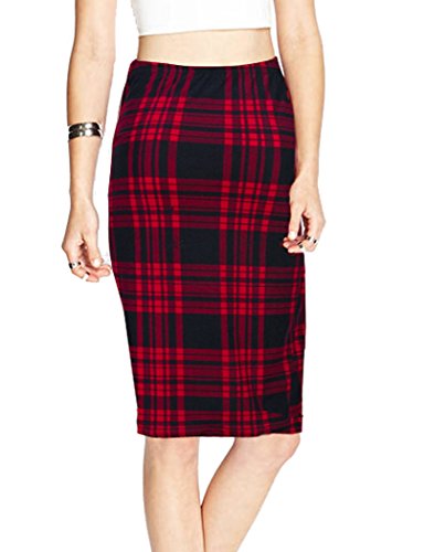 TEERFU Womens Plaid Pencil Skirt, Elastic Office Wear Knee Length Bodycon Skirt