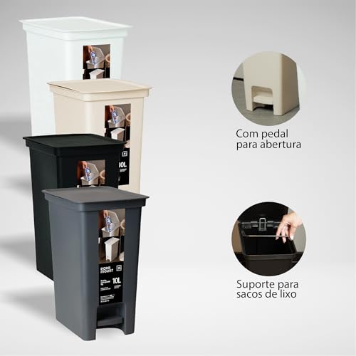 Lixeira Plástica 10 Litros Fly Paramount com Pedal, Tampa com Acionamento por Pedal e Aro Interno para Fixar Saco de Lixo – Ideal para Banheiro, Cozinha e Lavabo (Preto)