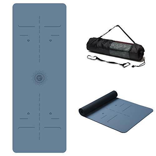 WWWW pido TPE Yoga Mat SGS Certified Non Slip Exercise Mat with Carry Bag and Strap,Body Alignment System,Tear Resistant,72″x 26″ Thichness 1/4″ for Yoga Pilates (Blue Gray + Navy Blue)