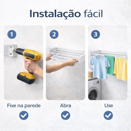 Varal de Parede Retrátil Dobrável 80cm Branco | 5 Varetas, Alumínio