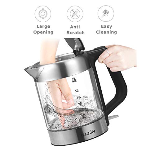 Dezin Electric Kettle Glass Water Heater Boiler, 1.5L Stainless Steel Finish Cordless Tea Kettle with LED Light, One Touch Lid Open Button, Fast Heating, Auto Shut-Off and Boil Dry Protection Tech