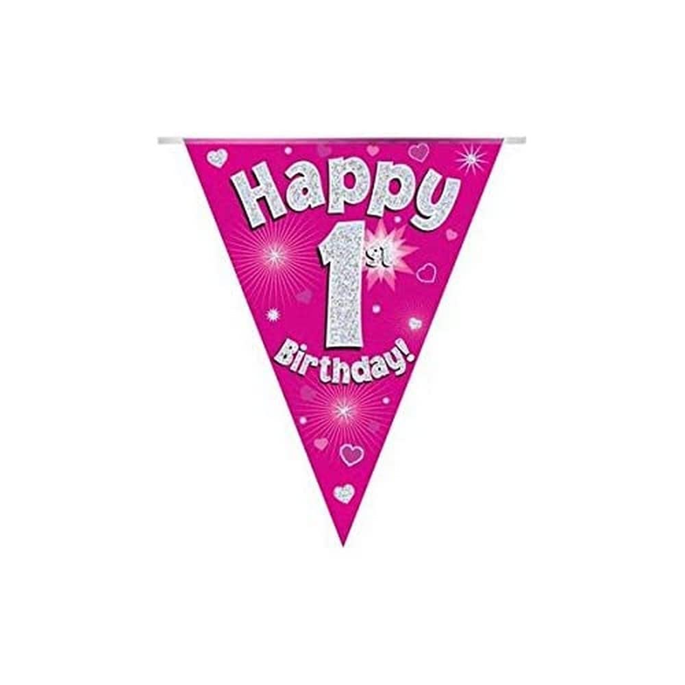 Party Bunting Happy 1st Birthday Pink Holographic 11 Flags 3.9m