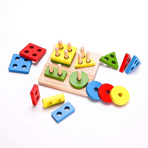 RUIDELI Wooden Geometric Toys for Kids, Educational Geometric Stacking Blocks Shape Color Recognition Puzzle Toys for Toddler Boys and Girls - Thumbnail 2
