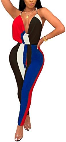 Kafiloe Women Sexy Multi Color Open Back Halter Neck Bodycon Party Jumpsuit Long Pants Romper Clubwear Black White M