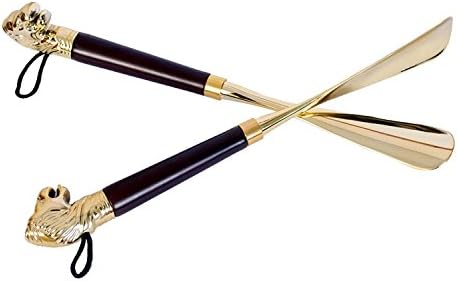 12.5" Long Exquisite High-grade Brass Mahogany lion Head Handle Shoehorn - NEW Elegant Modern Stylish Long handled Mahogany and Brass Lion's Head Golden Shoe Horn For Men,Women,Kids
