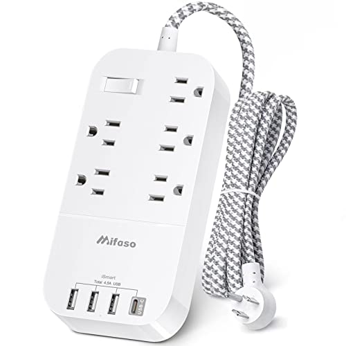 Power Strip with USB - Flat Plug Extension Cord with 5 Outlets 4 USB, Wall Mount Power Bar Outlet Extender with 5 ft Extension Cord, Compact Small Desktop Charging Station for Home Office