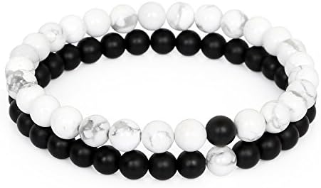 LOLOJ Distance Bracelets for Couple Black Matte Agate & White Howlite 6mm Beads Lovers-2pcs