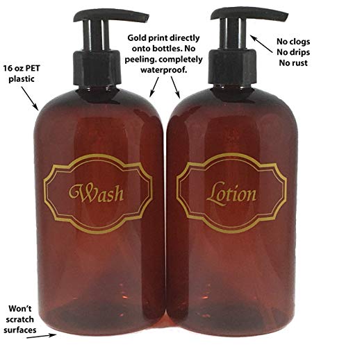 Bottiful Home- 16 oz Refillable Empty Amber PET Plastic Bathroom Soap and Lotion Dispenser Pump Bottle Set-Gold Printed-Black Pumps-Fully Waterproof, Rust-Free, Clog-Free, Drip-Free