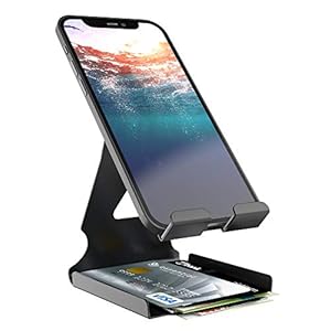 ELV DIRECT Universal Mobile Phone Stand Holder Mount with Inbuilt Cable Organiser and Card Holder – Black (Earphone NOT…
