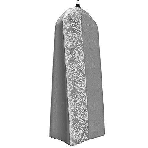 Gusseted Wedding Dress Garment Bag - For Long Puffy Gowns - 72" x 24", 20" Gusset (Grey Damask)