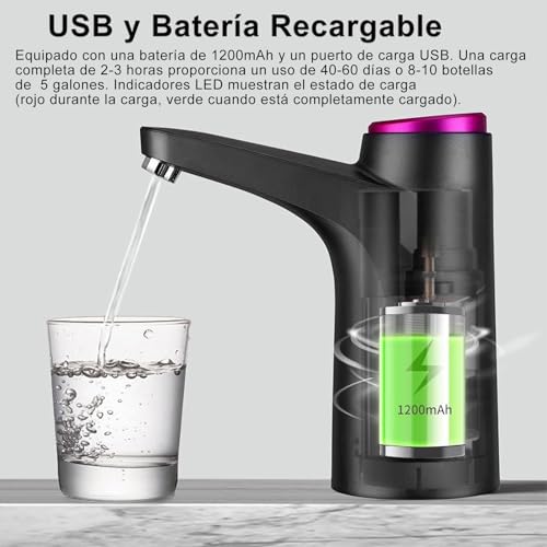 Autbye Dispensador de Agua Garrafon Bomba Electrica con Carga USB, Negro | Bomba de Agua Portátil con 2 Modos. Ideal para Garrafón de 4.5L a 18.9L, Cocina, Camping y Oficina
