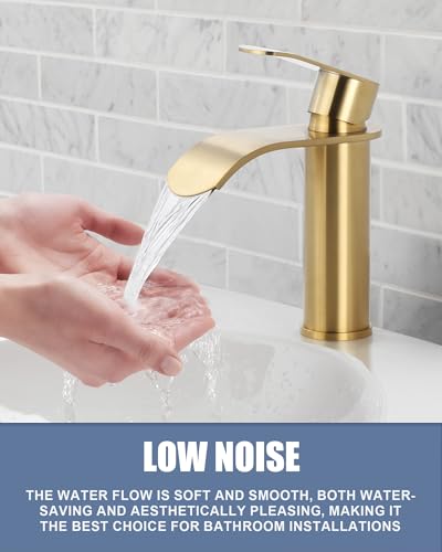 ARCORA Basin Faucet, Stainless Steel Bathroom Faucet, Single Handle Sink Mixer Tap, Waterfall Spout Low Noise for Bathrooms, Gold