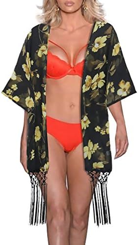 Sierry Women Loose Cardigan Floral Print Chiffon Shawl Kimono Capes Casual Cover Up