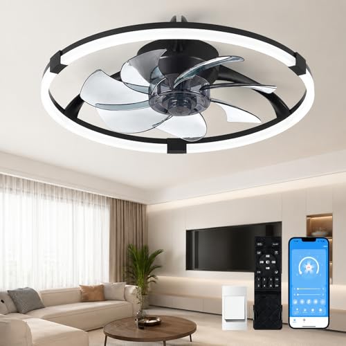 Lujeet Ceiling Fans with Lights Low Profile, 19.7'' LED Ceiling Fan with Remote & APP, 3CCT Dimmable Ceiling Fan with Light Flush Mount, Reversible 6 Speeds Ceiling Fan with Light for Bedroom Black