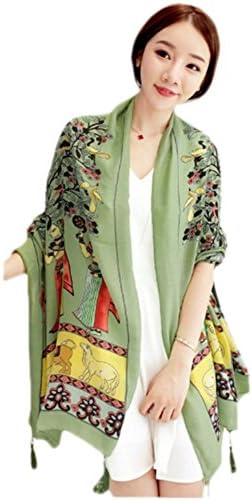 Korean Style Autumn Winter Retro Tree Girl Print Tassel Cotton Scarf Shawl