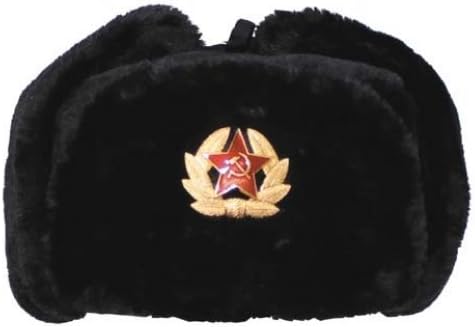 Russian Army Style Winter Cap Warm Trapper Hat Ear Flaps with Badge Black by Camo Outdoor