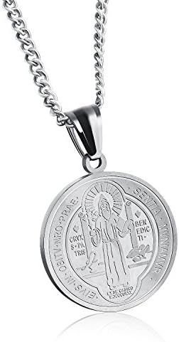 Stainless Steel Saint Benedict Medal Pendant Necklace Celtic Cross Christian Jewelry (Silvery)