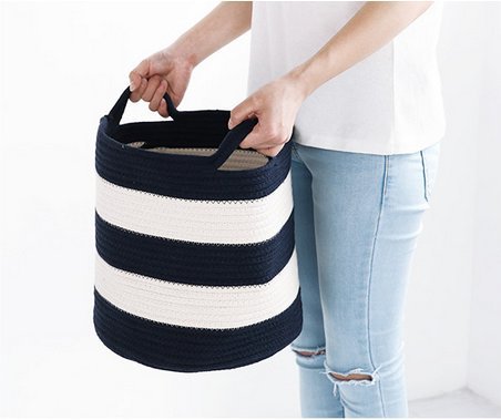 Cotton Rope Woven Storage Baskets 12" with Handles Home Decorations by Orino, Navy Blue