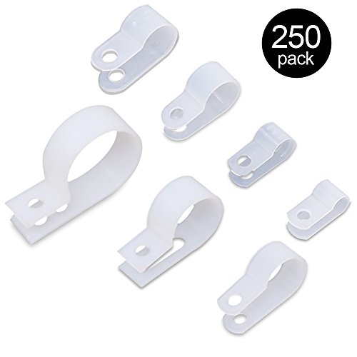 Findfly 250Pcs 7 Sizes White Nylon R-type Cable Clamp Cable Organizer Cord Clips for Wire Management