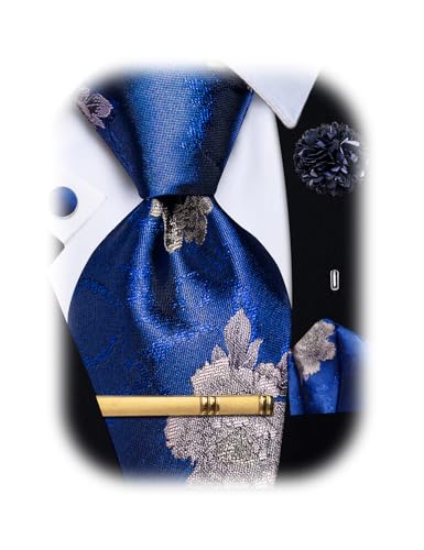 YourTies Mens Blue Silver Ties for Men Silk Floral Necktie Set Wedding Prom at Amazon