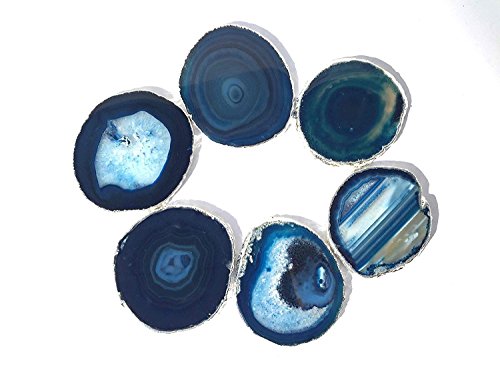 JIC Gem Silver Plated Dyed Blue Agate Coasters, 6 pcs set, 3-4