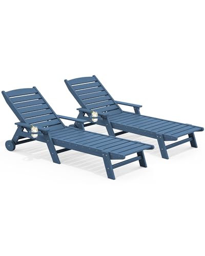 SERWALL HDPE Outdoor Lounge Chair Set of 2 with Cup Holder, Blue