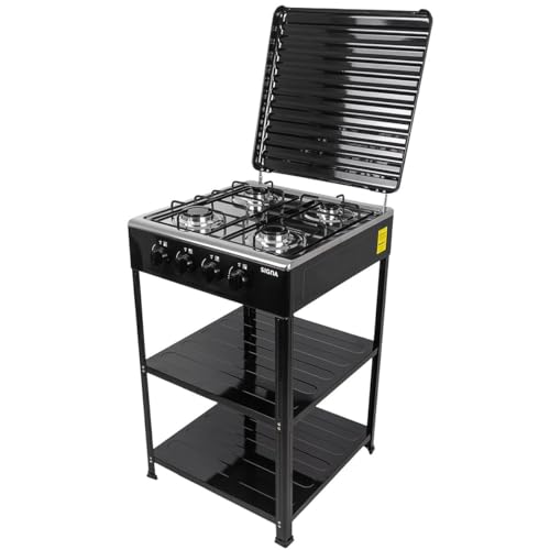 SIGNA Parrilla De Gas Con 4 Quemadores Estufa Acero Inoxidable 50 Cm Parrilla Perillas Reguladoras Quemador De Gas Resistente Con Tapa Y Mueble De Dos Niveles De Acero (Negra)
