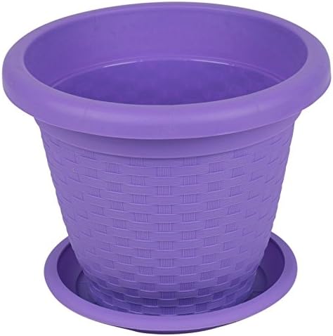Set of 5 Rattan Plant Flower Pot Coloured Stackable Pot & Saucer Herb Planter Garden (Lilac - 20cm)