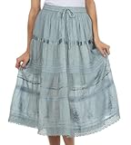 Sakkas Solid Embroidered Gypsy / Bohemian Mid Length Cotton Skirt