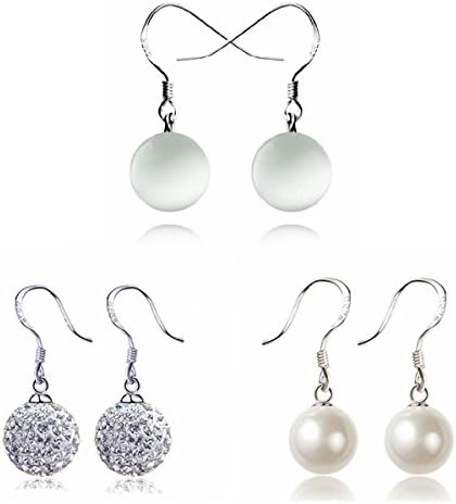 Besflily 3 Pairs 8MM Dangle Earrings Set, Stylish Crystal Ball, Synthetic Cat Eye Stone Ball, Faux Pearl Dangle Earrings