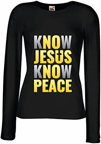 T shirts for women Long sleeve Know Jesus Know Peace! Christian clothing Jesus saves t shirt (Large Black Multi Color)