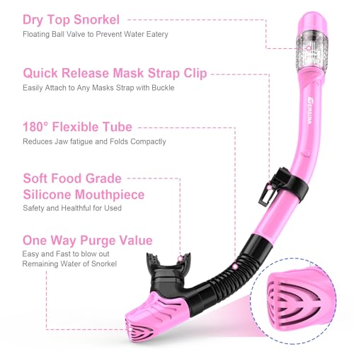 EMSINA Mask Fin Snorkel Set with Adult Snorkeling Gear, Panoramic View Diving Mask, Trek Fin, Dry Top Snorkel +Travel Bags, Snorkel for Lap Swimming