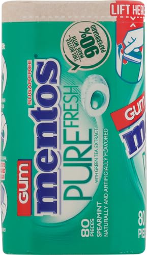 MENTOS PURE FRESH SPEARMINT SUGAR FREE CHEWING GUM WITH XYLITOL SWEETENER, PAPERBOARD BOTTLE, 80 PIECES